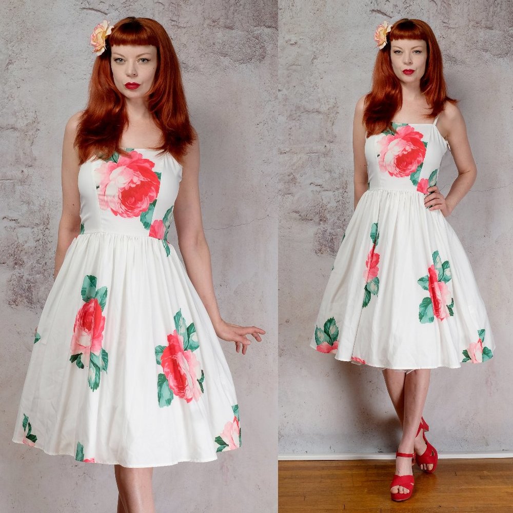 NEW White red roses sleeveless dress rockabilly pinup